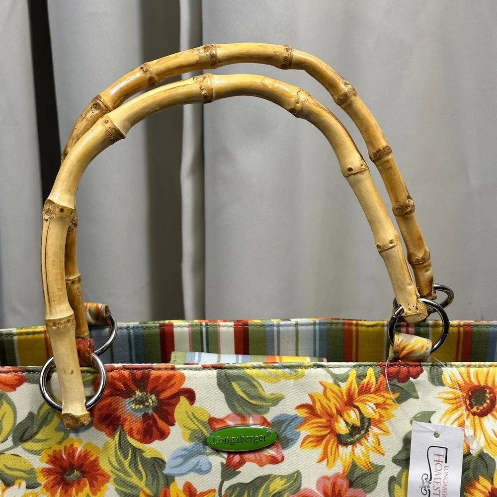 Longaberger Tote Bag Womens Large Yellow Floral Bamboo Handle New Tags